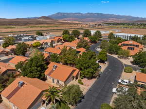 Aerial view of residential area with a mountain backdrop
