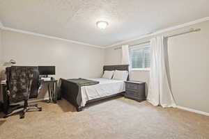 Bedroom with crown molding, light carpet, a desk, and a textured ceiling