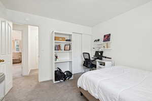 Bedroom featuring carpet flooring, a closet, and a desk