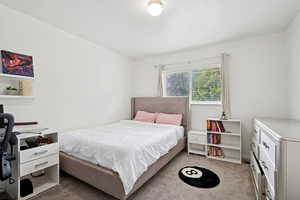Carpeted bedroom featuring a desk