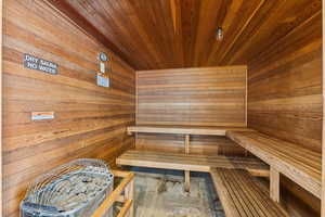 Sauna featuring wood walls and wood ceiling