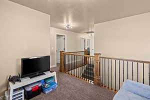Office area with a textured ceiling and carpet