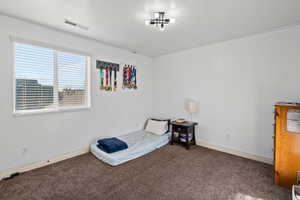 Bedroom with carpet floors and a textured ceiling