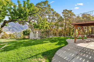 View of green lawn featuring a storage unit and a mountain view