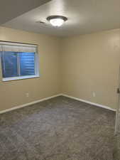 Mother-in-law room with a textured ceiling and dark carpet