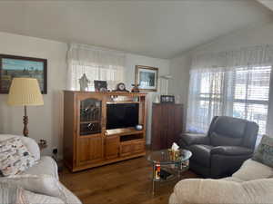 Living room with vaulted ceiling and dark wood-style floors