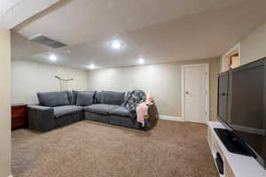 Living room featuring a textured ceiling and light carpet