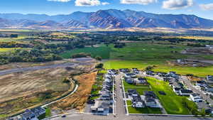 Aerial perspective of suburban area with mountains