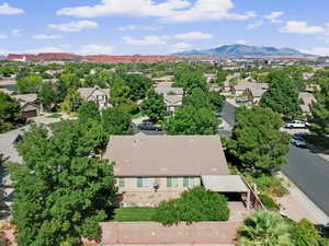 Aerial perspective of suburban area featuring mountains