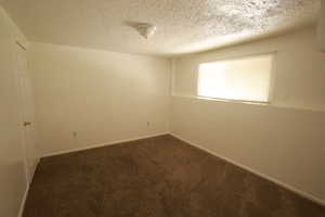 Empty room with carpet and a textured ceiling
