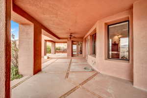 View of patio with ceiling fan