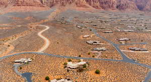 Aerial view of sparsely populated area with a desert landscape