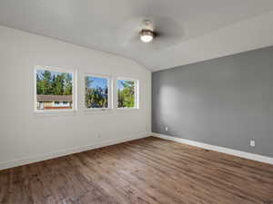 Unfurnished room featuring wood finished floors, lofted ceiling, and ceiling fan