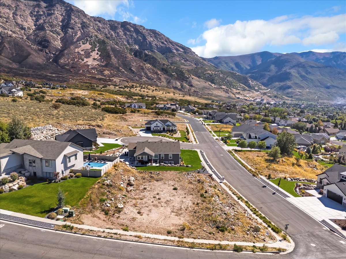 Aerial perspective of suburban area with a mountain backdrop