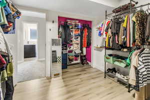 Spacious closet featuring light wood-style flooring
