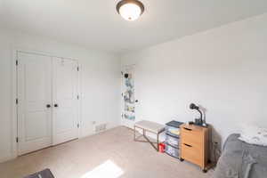Carpeted bedroom with a closet