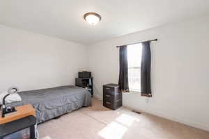 Bedroom with carpet flooring and baseboards