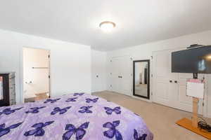 Bedroom with two closets, light carpet, and ensuite bath