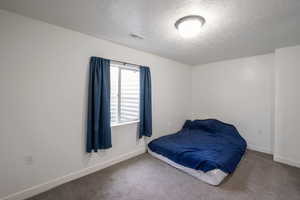Bedroom featuring carpet and a textured ceiling