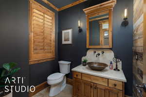 Bathroom featuring vanity and ornamental molding