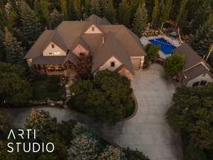 View from above of property featuring a pool