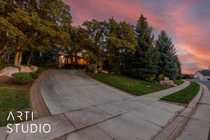 View of front of property with a front lawn, driveway, and view of wooded area