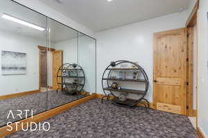 Carpeted bedroom featuring a closet and baseboards