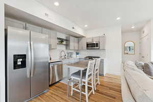 Kitchen featuring appliances with stainless steel finishes, gray cabinetry, open shelves, decorative backsplash, and light wood-style floors