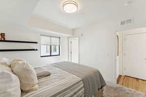 Bedroom featuring light colored carpet and light wood-type flooring