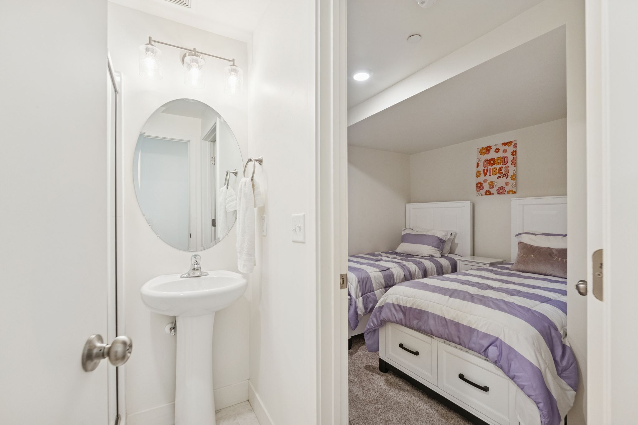 Carpeted bedroom featuring baseboards and recessed lighting