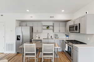 Kitchen featuring gray cabinetry, stainless steel appliances, light wood-style flooring, decorative backsplash, and open shelves