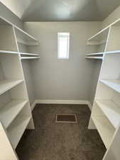 Spacious closet with dark colored carpet