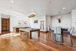 Rec room with wood-type flooring, recessed lighting, and billiards table