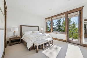 Bedroom with carpet and access to outside