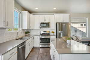 Kitchen featuring appliances with stainless steel finishes, white cabinetry, decorative backsplash, and recessed lighting