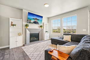 Living area with hardwood / wood-style floors, a premium fireplace, and a textured ceiling