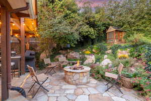 Patio with Fire Pit and Chicken Coop