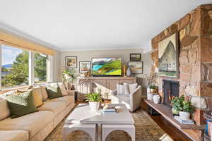 Living Room Featuring Double Sided, Wood Burning Fireplace