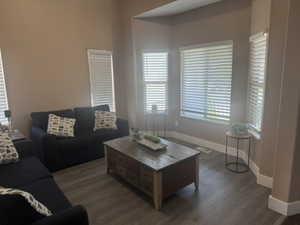 Living area featuring baseboards and dark wood-style floors