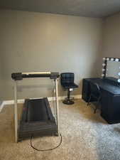 Workout area with light carpet and a textured ceiling