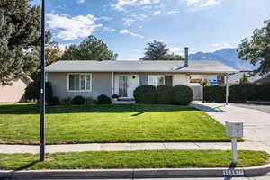 Ranch-style home with an attached carport, driveway, a front lawn, and a mountain view