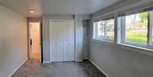 Unfurnished bedroom featuring carpet flooring, a textured ceiling, and a closet