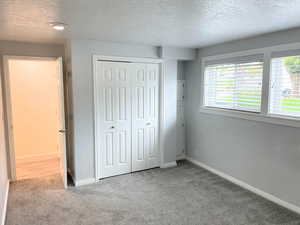 Unfurnished bedroom featuring a textured ceiling, light colored carpet, and a closet