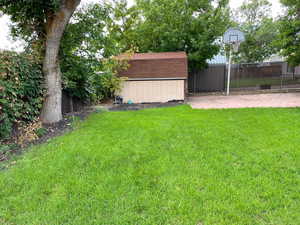 View of yard with a shed