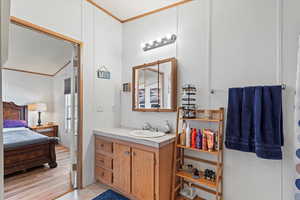 Primary bathroom with vanity, crown molding, and light wood finished floors
