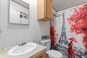 Full bathroom with a textured ceiling, vanity, and a shower with shower curtain