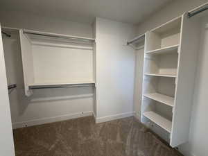 Walk in closet featuring dark colored carpet