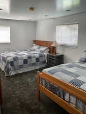 Bedroom featuring a textured ceiling, multiple windows, and carpet flooring