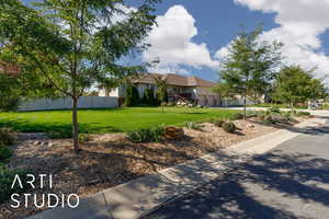 View of yard featuring a garage