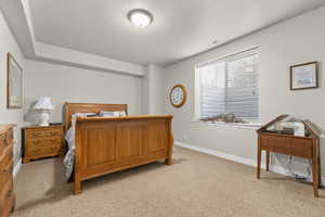 Bedroom with light carpet and baseboards